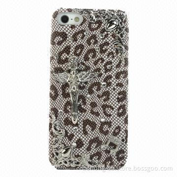 Cases for iPhone 5, Made of PC, Solid Bag Leather Stick for Drill (Leopard Grain)